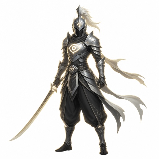 assassin, long curved sword, crested helmet, dark silver armor, luminous lord, baggy pants, eye of the storm mark