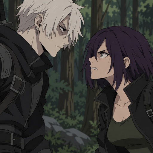 Anime style, male, name kai, highly skilled in fighting all fighting styles and weapons, long white hair half in face, dark bags,white skin,earrings, history unknown, Female, name is Beth,medium wavy dark purple hair, gray eyes, short, open jacket with a dark green shirt, she is a Bounty Hunter for hire, there fighting in the woods looking at each other Beth with and angry face and Kai with a serious face both are glaring 