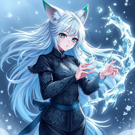 A pale teenage girl. Hair as white as snow with cyan tips, emerald eyes and small fox ears wearing mystic royal black top and trousers conducting ice (Russian themed)
