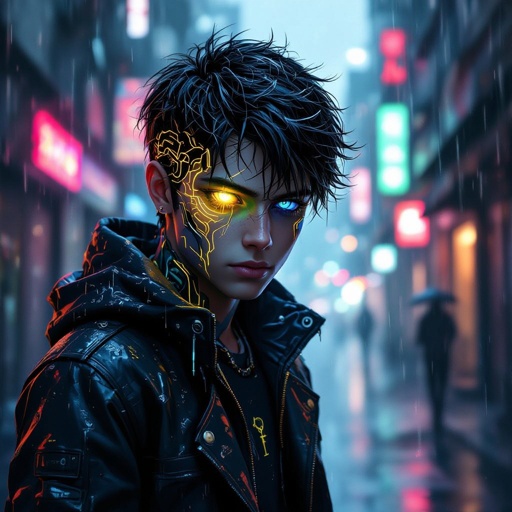 Dark mysterious character teenager boy,with a golden eye and bluish greenish eye with glowing gold veins and deep sea blue vein powers