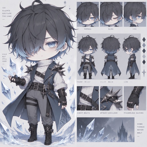 Male, pale, pale blue eyes, eye bags, short dark grey choppy hair with light blue tips hair covering one eye, white turtle neck long sleeves , blue sleeveless short trench coat, long fingerless gloves, grey pants, belts across chest, spiked on shoulders, 35, clean shaven, no emotion, ice powers,  