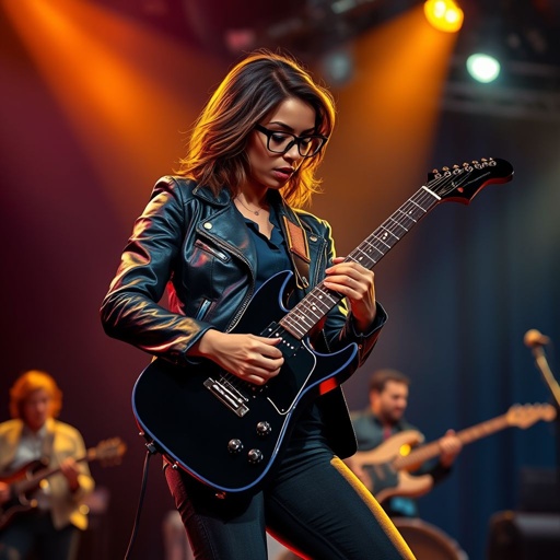 An African American woman with glasses shoulder length brown hair with highlights in a side part style wearing black leather jacket with blue accents black jeans a dark blue shirt on a stage playing a Flying V electric guitar with a band