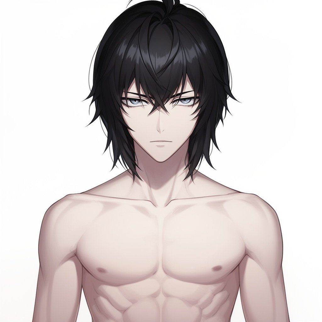 a male with black soft wolf cut that reaches to his shoulder, his skin pale and white as his eyes are narrow, cold and blue. he is muscular but a bit slim.