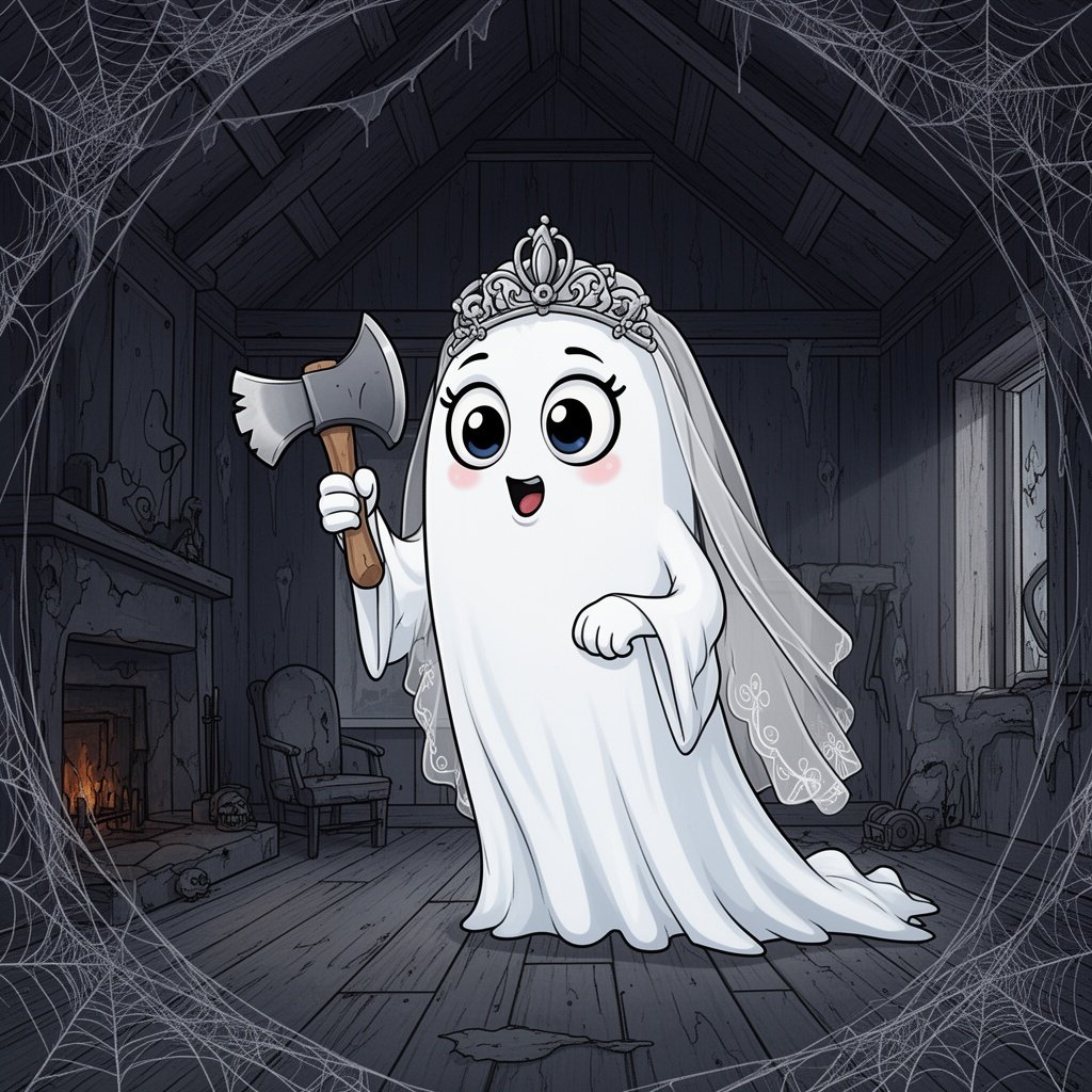 Ghost bride with hatchet in haunted mansion attic