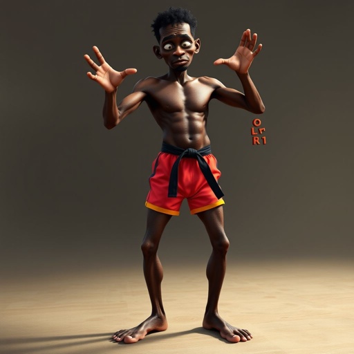 Create a character who looks like a funny African karate guy who doesn’t have a clue what he is doing. Make him have weird toes, only speedos on and a black karate belt. Make him tall skinny and slinky.