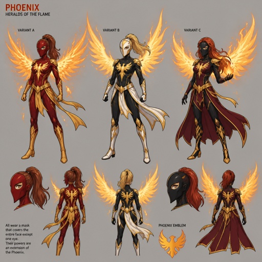 Female superhero with phoenix powers, mask covering whole face except one eye hair showing, wings, multiple of the same character 