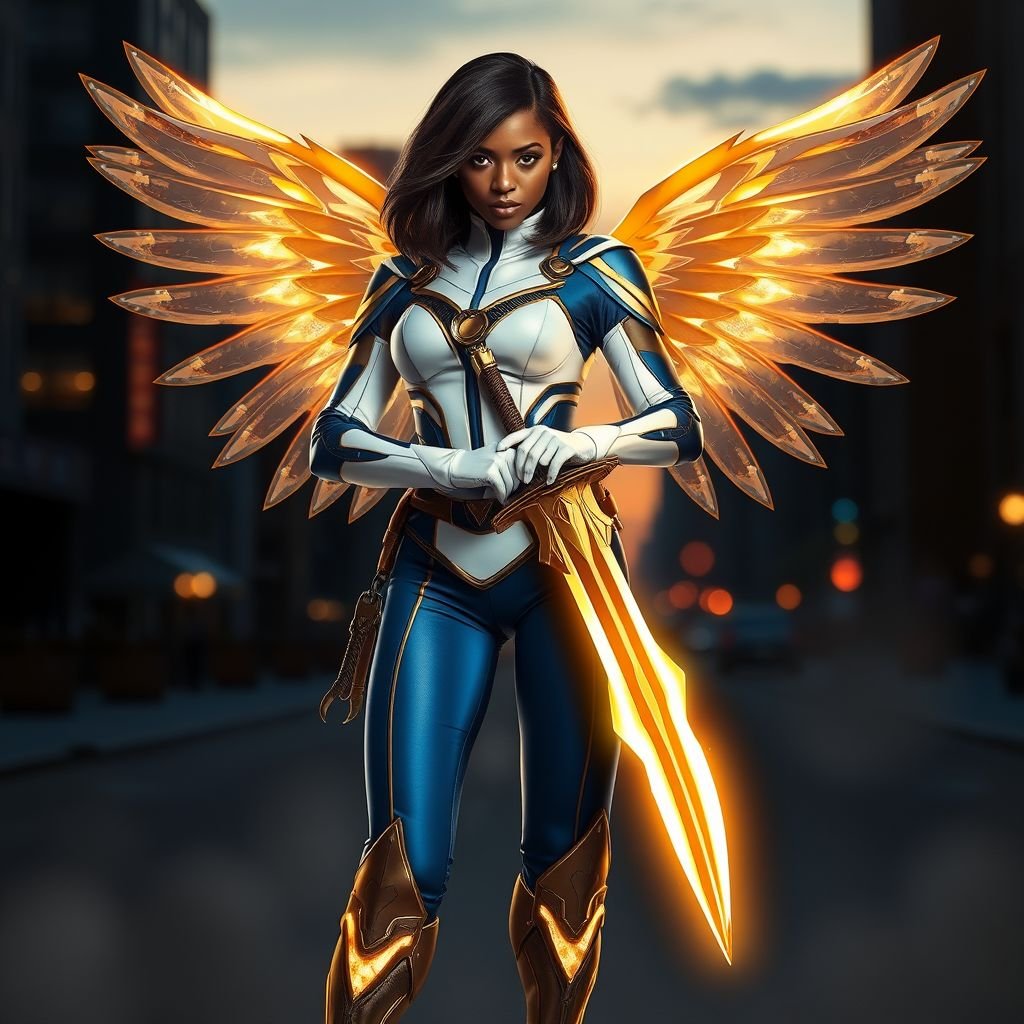 African American female superhero with shoulder length hair in a side part style and holographic wings wearing a homemade white and blue suit with gold accents and blue pants with a stylized V as her chest emblem wearing gold flat boots made of gold fire holding a large glowing broadsword in one hand standing in Philadelphia at dusk