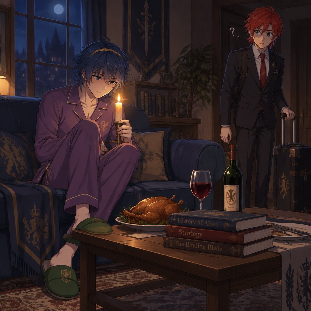 Fire emblem Marth,on the couch,messy hair,holding a candle,in purple pajamas black slippers ,wearing green slippers,a table with chicken,wine and books on it,it’s night time Roy from fire emblem in the living room wearing a suit and holding a suitcase asking what marth is doing here