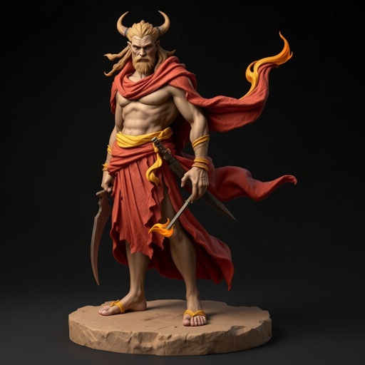 Create handsome hero Rhen the Fire-Singer – A lean, muscular man. He wears layered, flowing desert robes dyed in warm reds and golds, with scorch marks where flames have licked them. A curved blade hangs at his hip. Show her whole body head to toe including her shoes.
