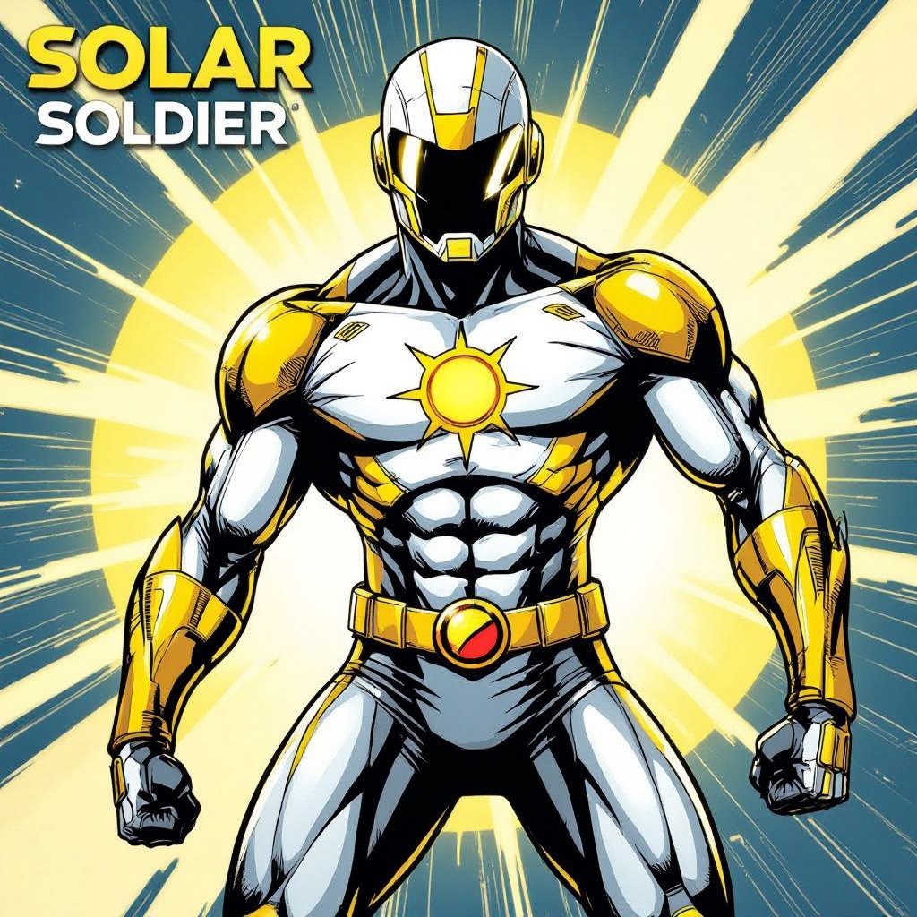 SOLAR SOLDIER. Blinding yellow and white bodysuit. Helmet with Visor. Insignia is scientific symbol of the Sun