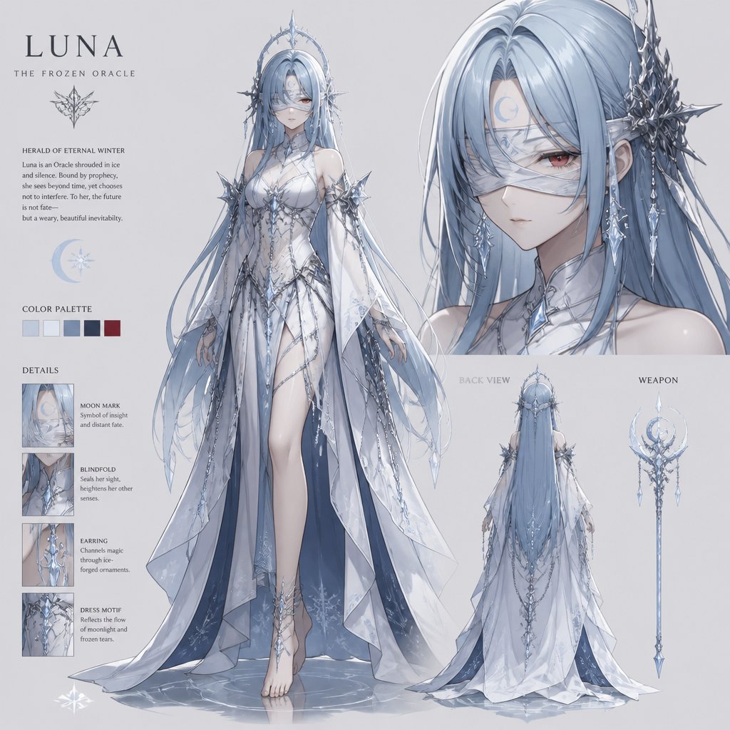 blind fold light blue hair red eyes moon mark ice