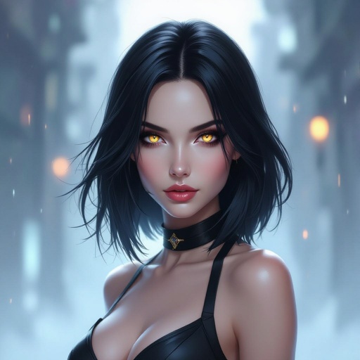 Create hero woman jet-black hair is cut sharpand her eyes seem to pierce through darkness. A shadowy aura clings to her form,