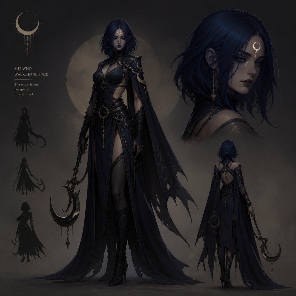 dark fantasy female with moon mark on head dark blue long bob hair