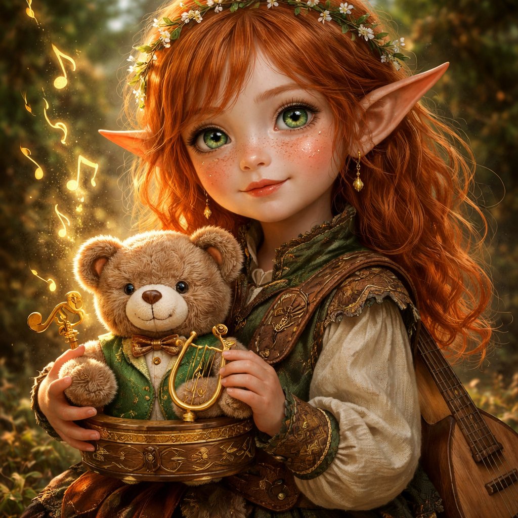 she’s a woodland elf child, her hair is medium length and orange, she has green eyes and freckles that sparkle, she is also a bard and has a stuffed teddy bear that is a music box