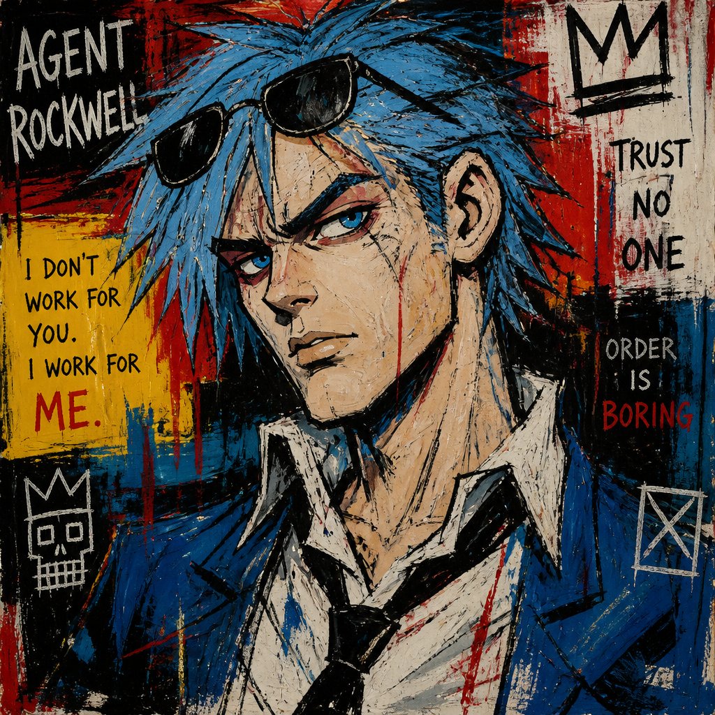 Comic Anime Agent Rockwell very poof up messy hair half side longer and drooped down hair is a light blue skin color white, very bright blue eyes, wears a suit tie is loose, he doesn't wear his jacket his collar to his shirt is uneven sunglasses on his head He's know for his mischievous and reckless behavior but takes missions very seriously is one of the best agents they have Ren is Rockwell's partner is very serious and organized opposite of Rockwell, get very annoyed at Rockwell's behavior they tend to argue with each other but Rockwell is more of having fun