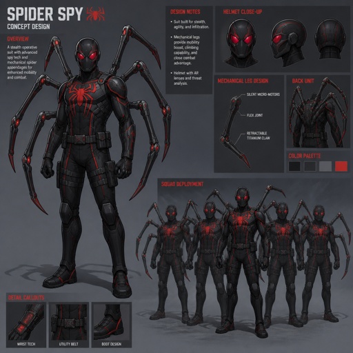 Male superhero with a suit based on a spider, helmet,spider legs, spy, multiple of the same character 