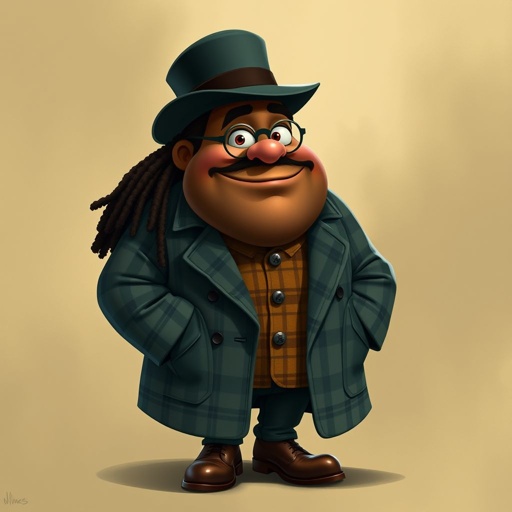 Create a funny fat character similar to Sherlock Holmes, but make him of black decent and with dread locks. Show his whole outfit including his shoes.