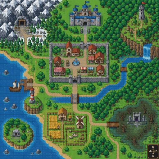 Map layout for a modern fantasy game, exterior, top down style