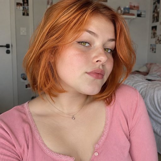Female, teen, short orange hair, slightly chubby, yellow eyes, wears pink, sassy
