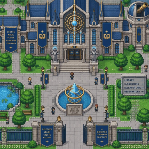 College full building, for a futuristic fantasy city game, exterior, top down style