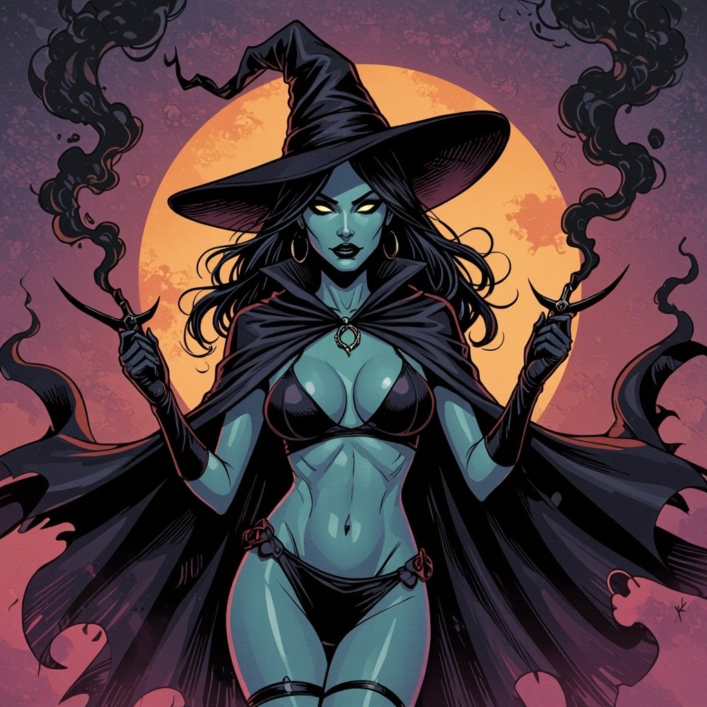 sexy shadow demon witch gypsy slate grey skin large black billowing cloak that emits darkness and shadow smoke. Two piece. Witches Hat. Wields Black Evil Shadow Smoke Daggers