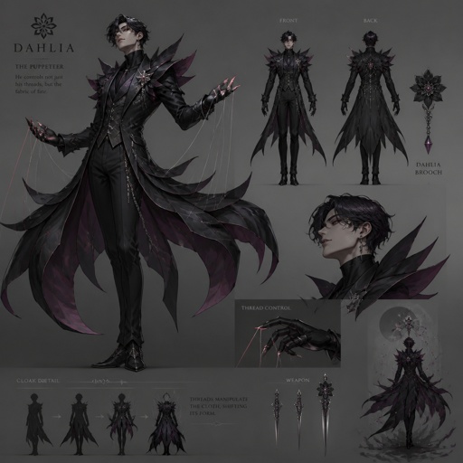 male villian assassin with the ability to puppeteer outfit design black dahlia