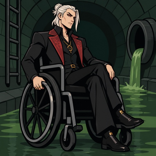 Kado Thorne from Fortnite medium length white back hair bun pale skin in a wheelchair, in the sewer