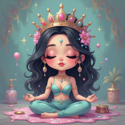 Create a chibi character mid 30’s lady who is the meditating with crown of makeup stuff