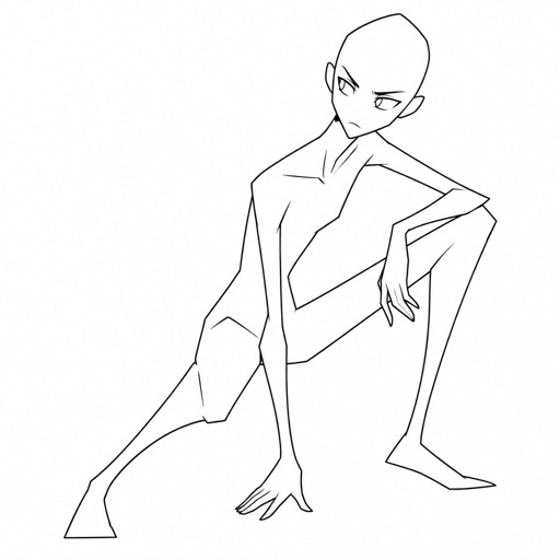 Base pose drawing, cartoon style, bald, random pose, no color, thinner, pointy body