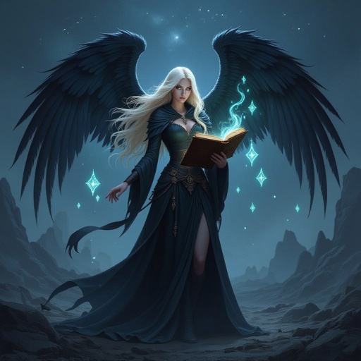 Fallen  female Aasimar necromancer with wings and long blonde hair and a grimoire in one hand