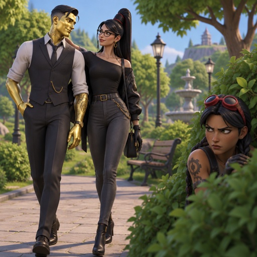 Midas from Fortnite casual clothes, Bayonetta from super smash bros short hair casual clothes, walking in a park, Jules from Fortnite hiding in a bush furrowed brows