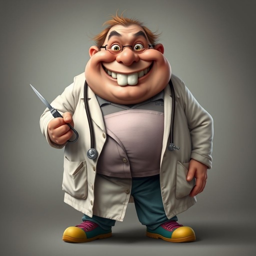 .. create a fat doctor. Who is funny human looking from head to toe. And he always immediately results to surgery for anything even small things. So please be sure to show his whole outfit head to toe. Make him have 1 tooth. Make it more adult humor instead of cartoon humor.