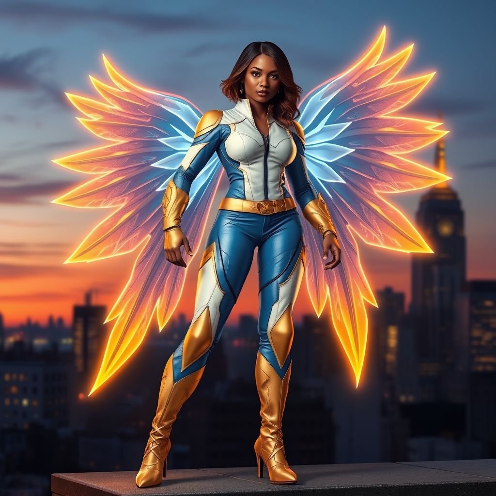 African American female superhero with shoulder length hair in a side part style and holographic wings wearing a homemade leather white and blue suit with gold accents and blue pants with a stylized V as her chest emblem wearing gold flat boots  made of gold fire standing in Philadelphia at dusk