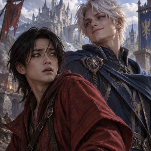 Male, Asian, neck length black hair, yellow eyes, eyeliner, wears red casual clothes, scared, small mouth, male, fluffy white hair, big blue eyes, long smile, snobby, wears blue, the Asian guys name is Po, the white haired males name is Klouse