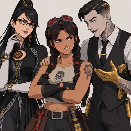 Jules from fortnite really angry, Bayonetta from super smash bros, arms crossed, smirk, Midas from Fortnite hand on Jules’s shoulder talking