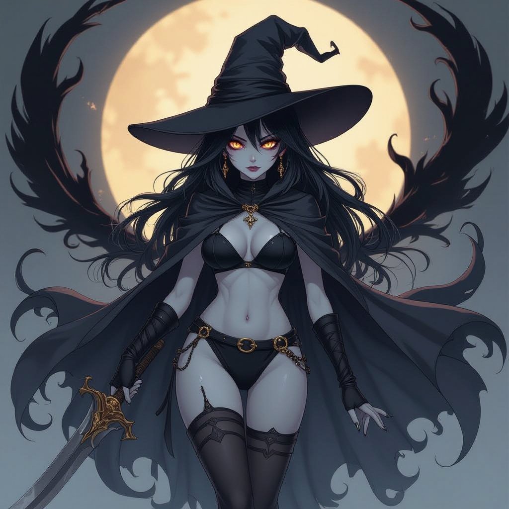 sexy shadow demon witch gypsy slate grey skin large black billowing cloak that emits darkness and shadow. Two piece. Witches Hat.  Wields Flamberge