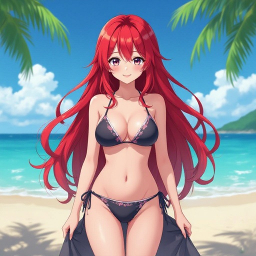 Bra, thong, red hair, full body, beach