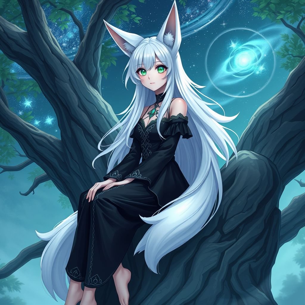A teenage girl with pale skin and emerald eyes wearing black royal top and trousers with long white hair and small fox ears sitting on top of a colossal tree watching the stars shine