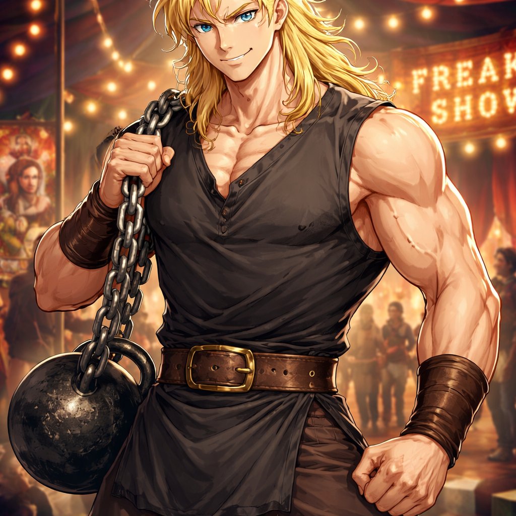 A tall well~proportioned male, so handsome he looks like a Greek god with muscles. With deep-set blue eyes and strong brows, hinting at inner depth“. His hairstyle is a blonde mullet. He works at freak show as a strong man. His outfit consistsed of a Charcoal-toned sleeveless tunic, thick leather belt, leather wristbands/cuffs, brown pants.
