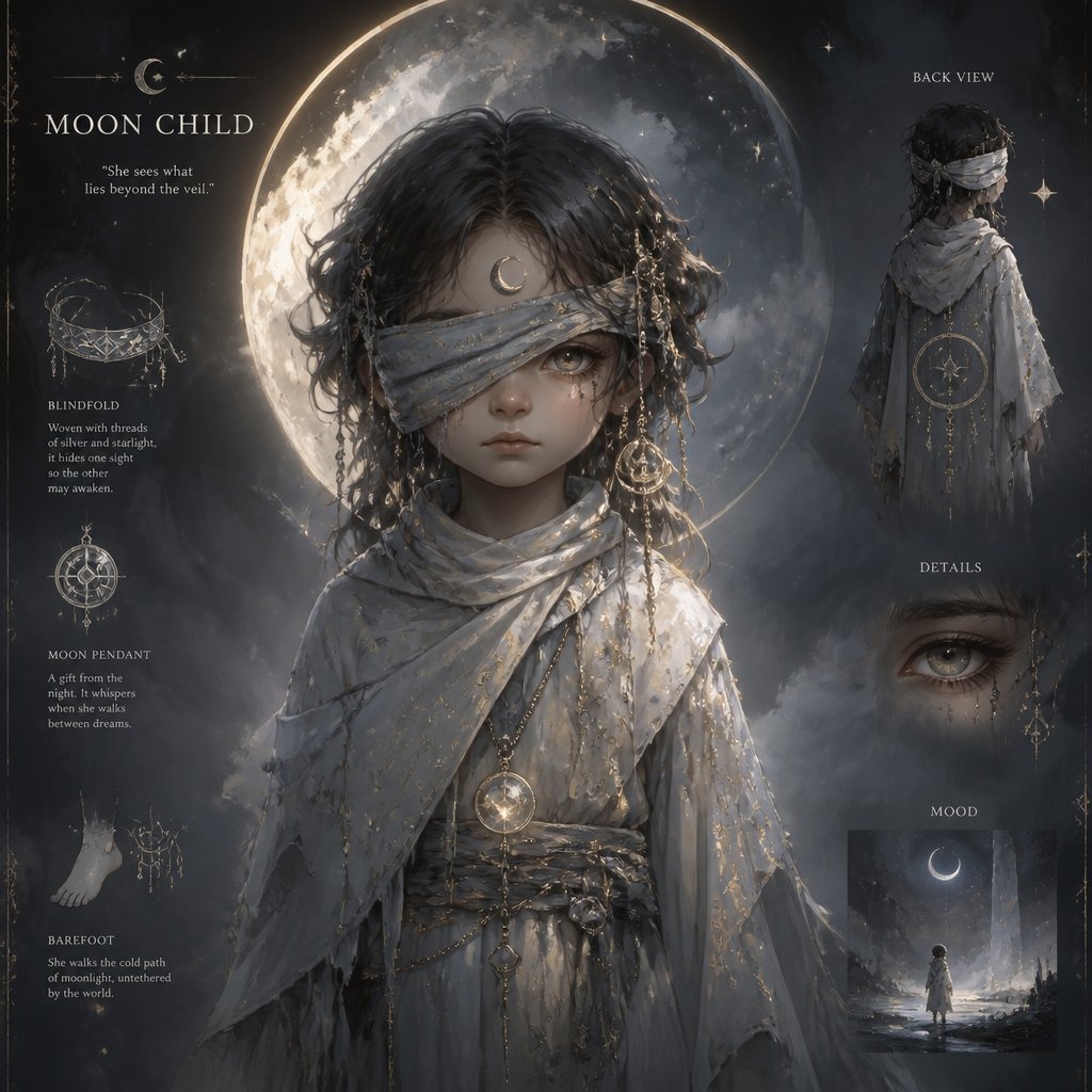 moon child with blindfold only one eye showing