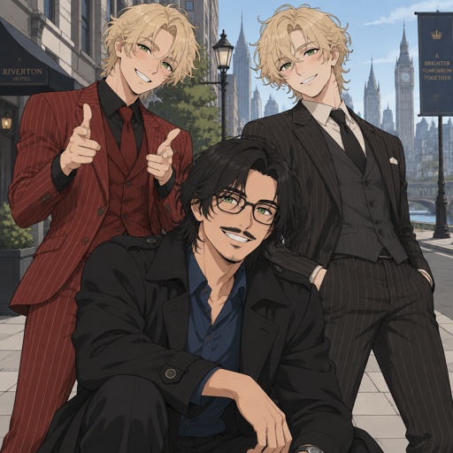 Male, crouching, green eyes, mustache, neck length black hair, neat hair, black glasses, black trench coat, blue shirt, smiling, male blonde curly hair, green eyes, blush, red pinstripe suit, doing finger guns, male, blonde curly hair, green eyes, fat, red pinstripe suit, blush, hands in pockets, smiling, the two blonde guys are twins, city background, cinematic 