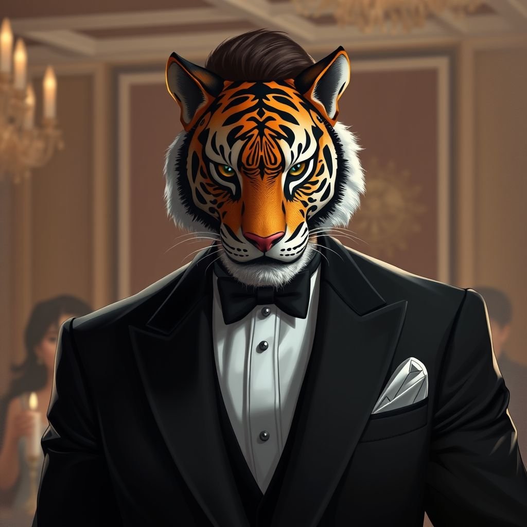 A man in a black tux with a tiger mask on