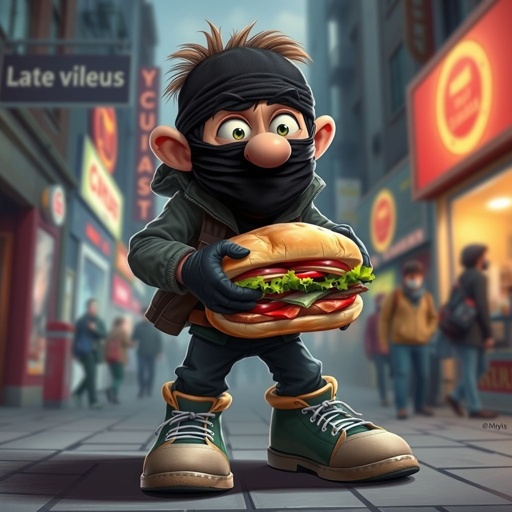 Create a funny looking clumsy sandwhich thief with funny shoes on. Make him have on the bandit black thing around his eyes 
