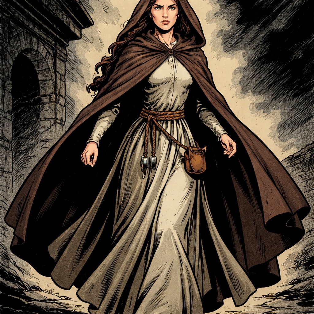 Asymmetric Realistic, no speech bubbles, a tall modest, mysterious brunette in plain renaissance robes. She is very serious. Full body and head