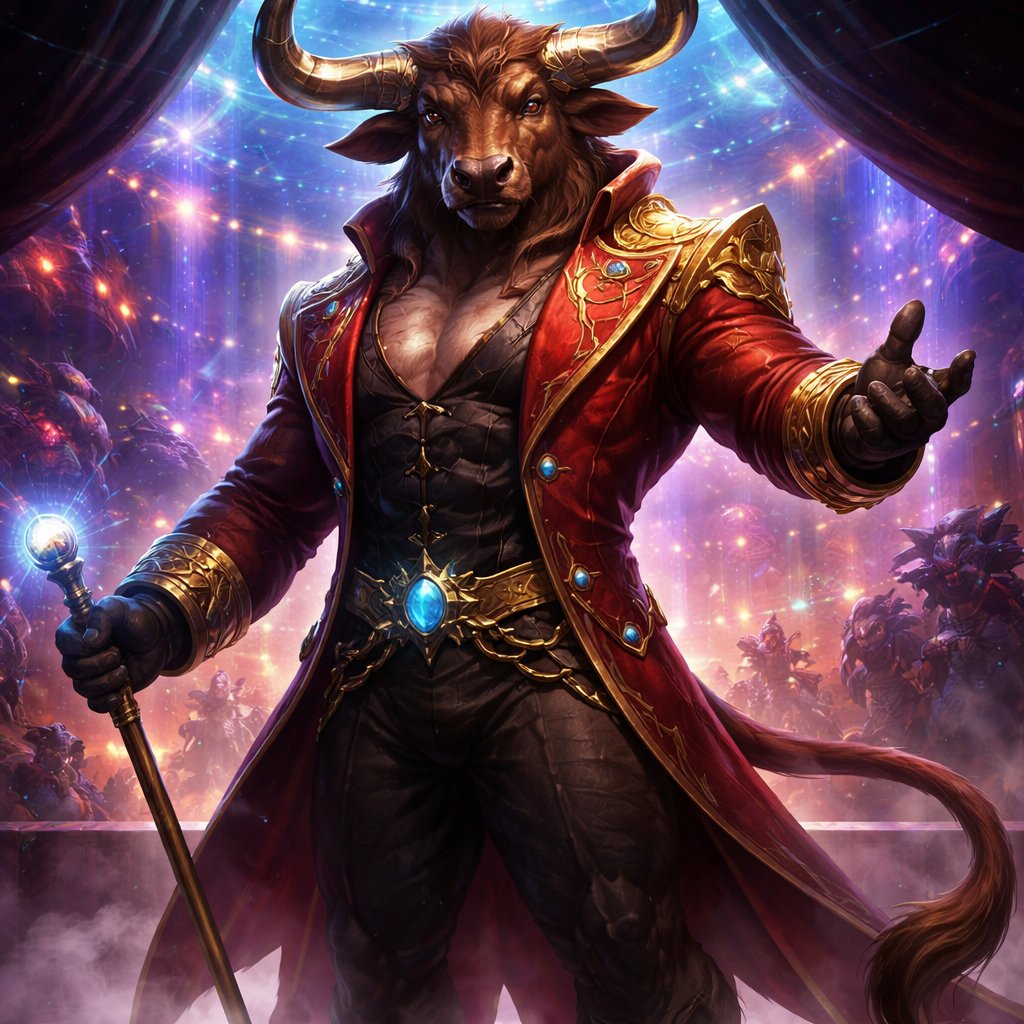 A male chestnut brown Minotaur with deep set cattle like brown eyes, large powerful gleaming horns like his fathers, a well~proportioned figure/body at lest 6 foot tall, long tail. He works at freak show as the ringmaster and his abilities are Reality Rejection, Time Manipulation (Chronokineses), Zoolingualism (Language of Cattle only), Human Speech. His mother is a human with half-animal (Cretan Cattle) physiology and his father is a Cretan Bull.