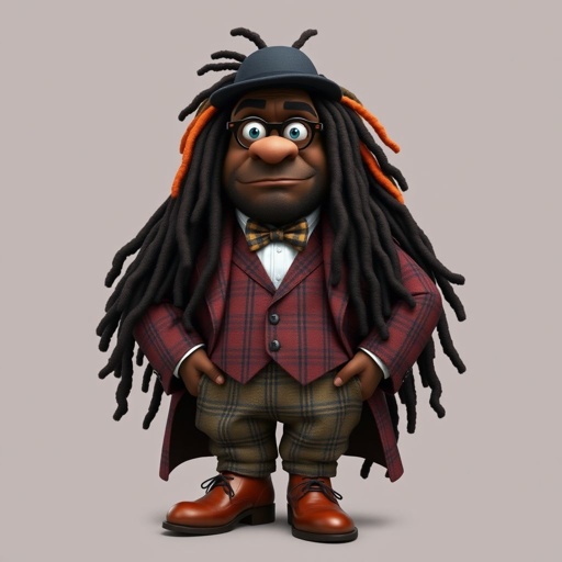 Create a funny serious fat character similar to Sherlock Holmes, but make him of black decent and with dread locks. Show his whole outfit including his shoes.