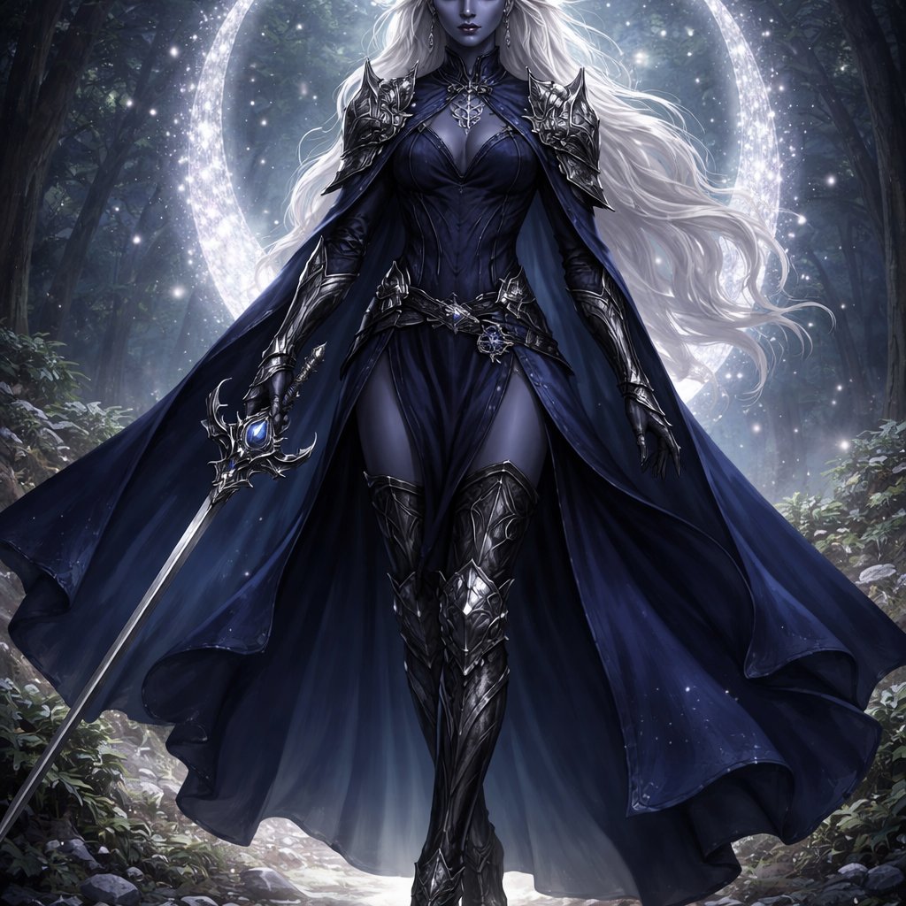 A beautiful Drow woman with long flowing white hair, dark grayish blue skin, large silver eyes, wearing dark blue flowing robes with armor plates, knee high heeled armor boots with Eilistraee’s symbol surrounding her. Carrying a long detailed rapier. Full body picture