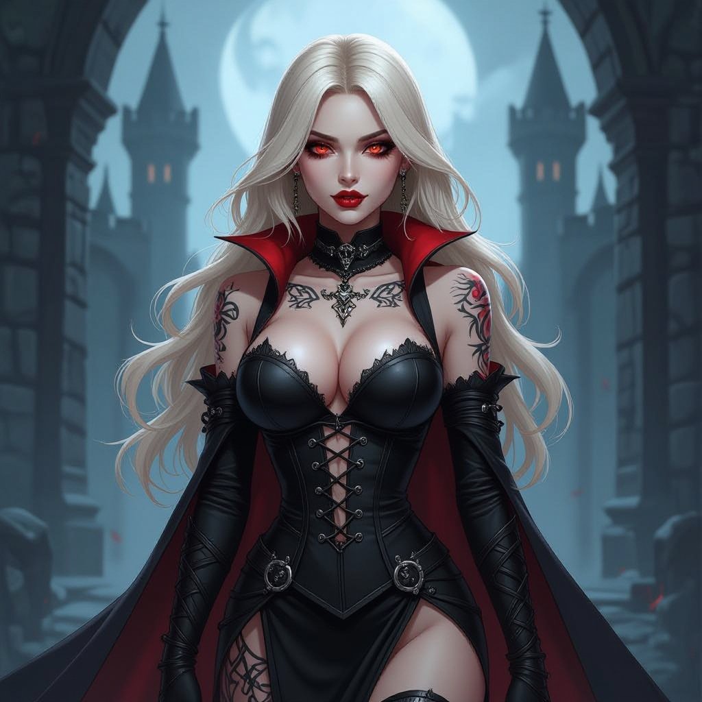 A blonde female vampire with big boobs and runic tattoos 