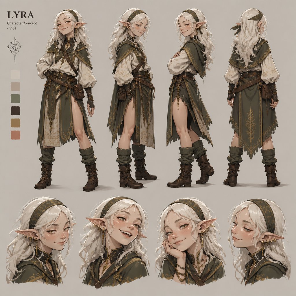 Female, teenager, elf, white wavy hair, headband, elf like clothes, smirk, blush, ear piercings, multiple of the same character