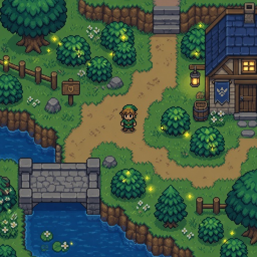 * Firefly-like magical particles around bushes for a fantasy game set in modern times, exterior, top-down style,